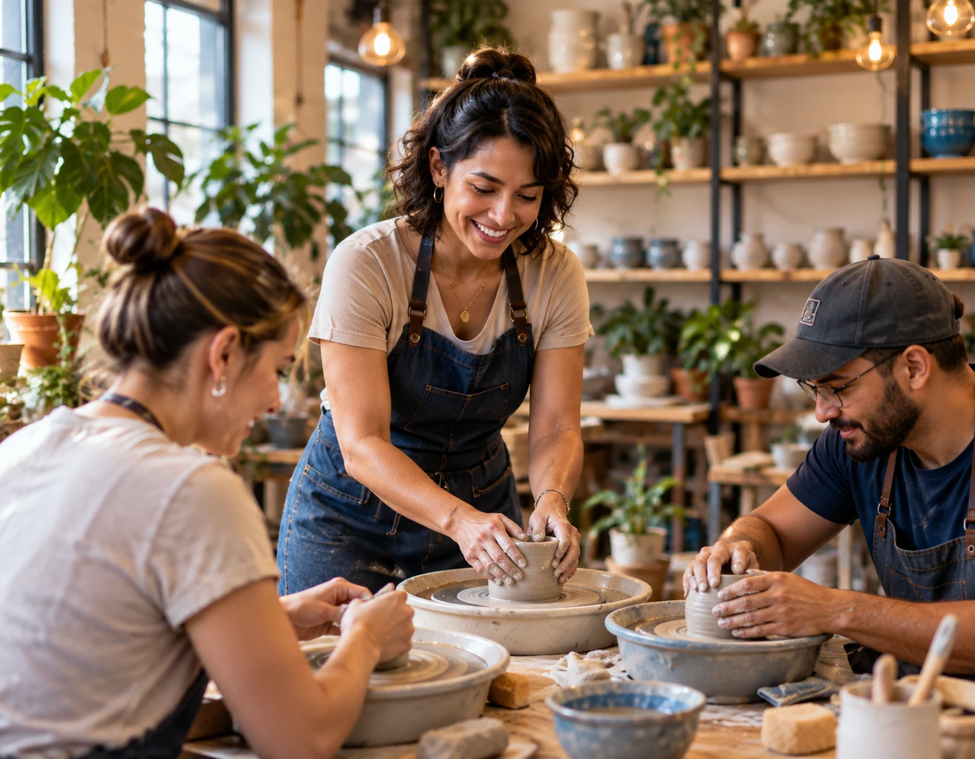 Neighbors taking part in a pottery workshop