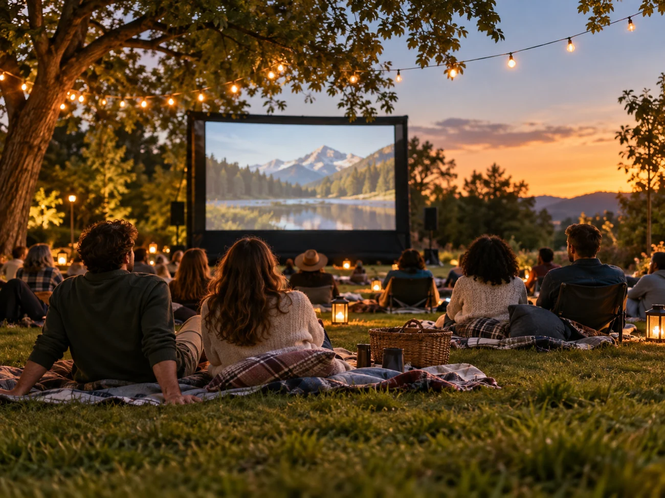 Neighbors enjoying an outdoor cinema evening