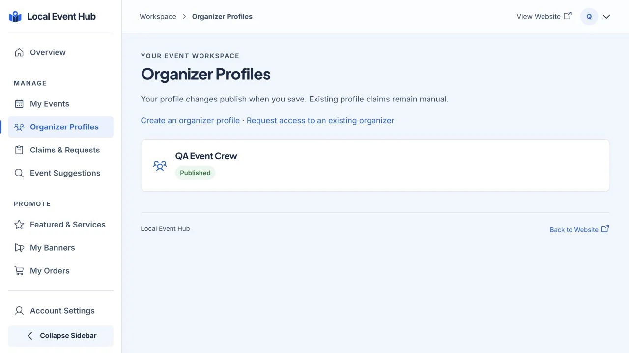 Create or claim your organizer profile from the workspace.